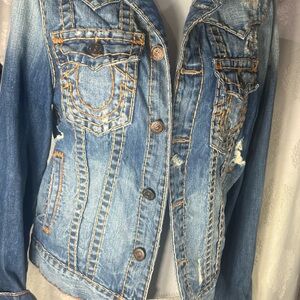 True Religion Blue Jean Jacket with Tan Stitching